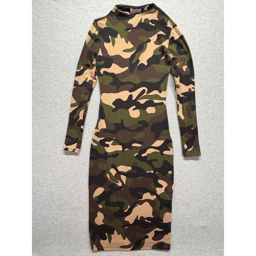 Haley & June Camo Long Sleeve Mock Neck‎ Bodycon Midi Dress Green Brown Small